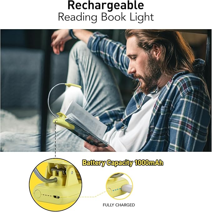 VAVOFO Rechargeable Book Light for Reading in Bed Kids, 7 LED Reading Light with 9-Level Warm Cool White Daylight, Eye Care Lamp with Power Indicator for Bookworms (Yellow)