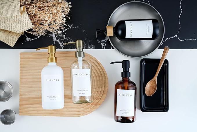 Emerson Essentials Soap Dispenser, Hands and Dishes Bottles, Kitchen Set, Glass Boyylrd with Pump and Labels,16 Ounces, 2-Pack