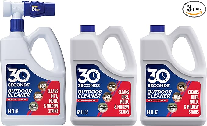 30 Seconds Outdoor Cleaner | Cleans Moss Stains from House, Vinyl Siding, Deck, Patio, Fence - 3 Capped Bottles, 1 Hose End Spray Attachment (64 Fl Oz (Pack of 3)
