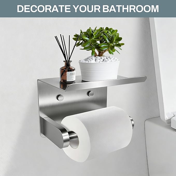 SetSail Toilet Paper Holder with Shelf Adhesive or Screw-in Bathroom Toilet Paper Roll Holders Wall Mount Brushed Nickel Heavy-Duty Tissue Holder for Bathroom Hardware Accessories, 2 Packs