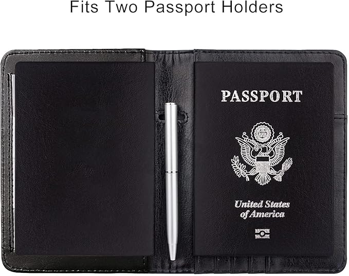 WALNEW Passport Holder for Travel, RFID Passport Cover Wallet for Women Men, PU Leather Passport Book Case with Pen Holder and Clear Photo Slot, Black