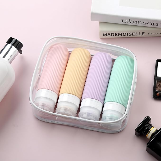 Travel Bottles for Toiletries, Tsa Approved 3oz Portable Travel Bottles, BPA Free Leak Proof Squeezable Silicone Travel Size Containers, Travel Accessories with Clear Toiletry Bag (4 Pack)