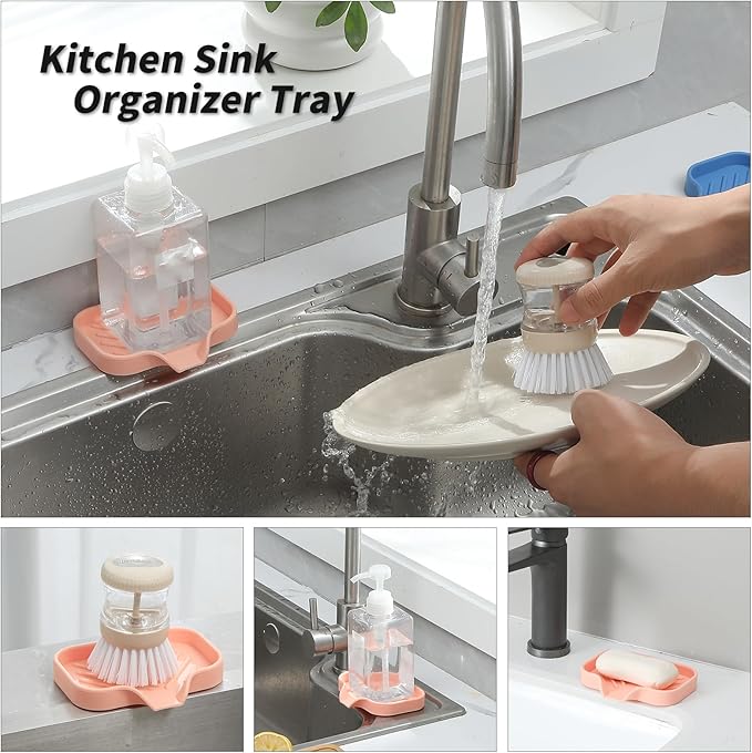 Silicone Bathroom Soap Dishes with Drain Spout-Bathroom and Kitchen Sink Organizer,Sponge Holder,Dish Soap Tray,Perfect for Dispenser,Scrubber,Bottle,Cup on Sink or Counter-Pink 4.9"×3.2"