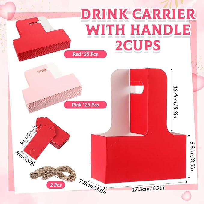 MotiMind 150 Pack Mother's Day 2 Cup Drink Carrier with Handle, Kraft Paperboard Teacher Cup Holder Portable for Hot Cold Drinks, Coffee Carrier Gift with Heart Card Rope (Red,Pink)