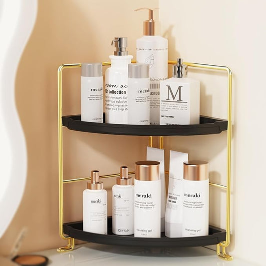 2-Tier Spice Rack Corner Storage Shelf Makeup Organizer Stackable Cosmetic Holder Standing Counter Shelf for Bathroom, Kitchen, Countertop, and Vanity (Gold + Black)