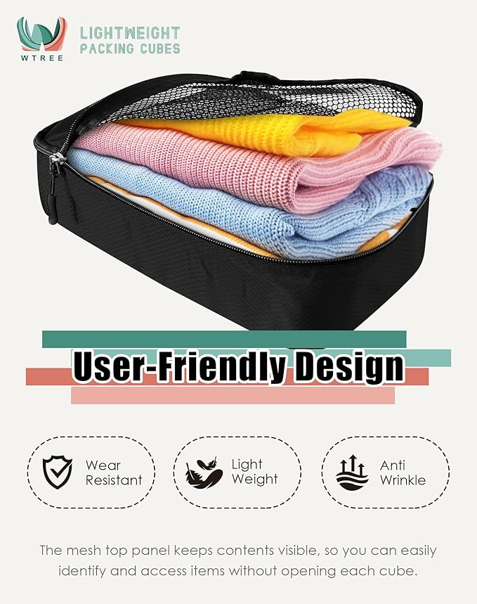 4-Piece Packing Cubes Travel Accessories Set for Suitcases - Luggage Organizer Bags with Double Zipper - Mesh Top - Large - Black