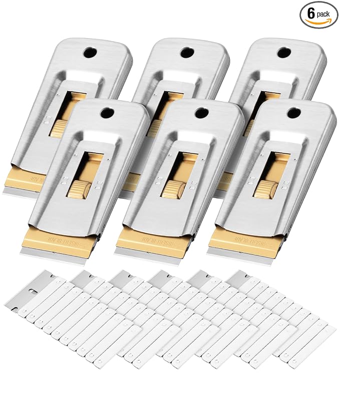 Bates Choice Metal Razor Blade Scraper Tool, Pack of 6, 60 Extra Carbon Steel Blades, Stainless Steel Heavy-Duty Cleaning Razor Scraper Tool