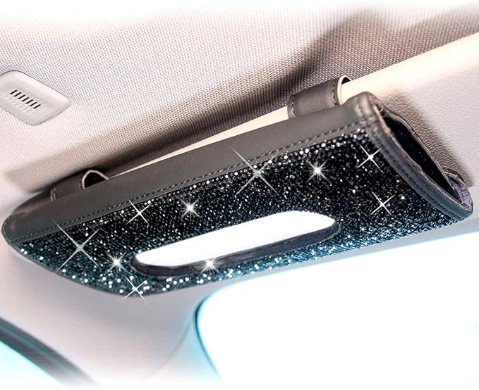 ChuLian Bling Bling Car Visor Tissue Holder Leather Crystals Paper Towel Cover Case & Glitter Sunglasses Clip for Women Black