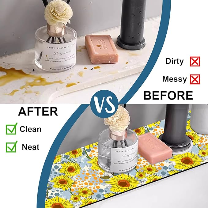 Watercolor Sunflowers Sink Splash Guard Faucet Mat Sunflowers Polka Dots Super Absorbent Fast Drying Mat Sink Gadgets-Splash Guard Behind Faucet Drip Catcher for Kitchen Bathroom, 23.5"x5.5"