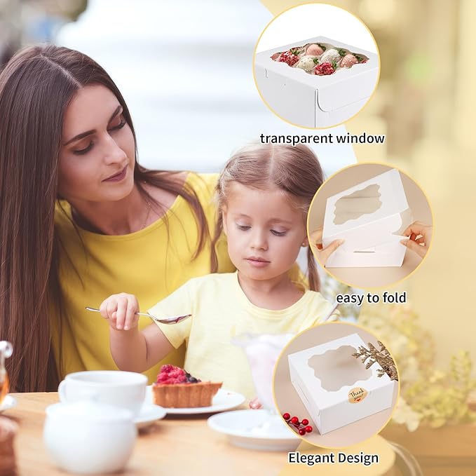 WINKIO 12 Pieces Cookie Boxes with Window, 6×6×3 Inches Treat Boxes for Bakery Dessert Pastry Mini Cake Favor Donut Baked Goods (White, with Stickers)