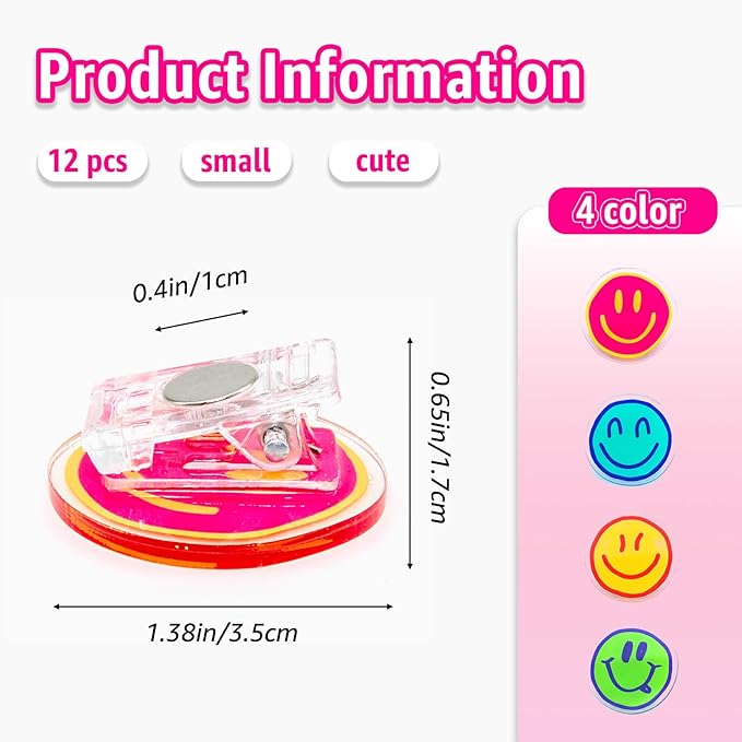 Nuvretk 12 Pack Magnetic Clips for Fridge and Whiteboard – Cute Colorful Bag Sealers, Cheerful Chip Holders for Snack Bags, Food Storage, Kitchen, Home, and Office Use