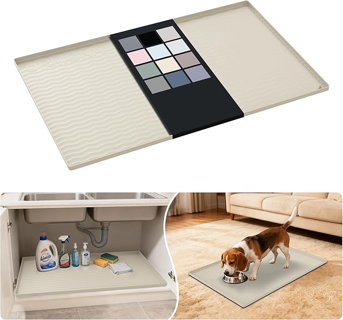 URMONA Waterproof Silicone Under Sink Mat 34'' x 22'' Shelf Liner for Kitchen and Bathroom, Cabinet and Counter Protector, Storage and Organizers, Litter Mat, Pet Cat Puppy Essentials(Cream)