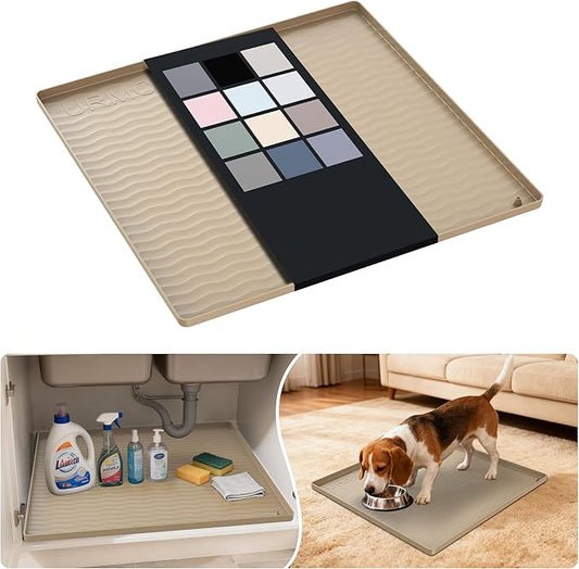 URMONA Waterproof Silicone Under Sink Mat 19'' x 19'' Shelf Liner for Kitchen and Bathroom, Cabinet and Counter Protector, Storage and Organizers, Litter Mat, Pet Cat Puppy Essentials(Khaki)
