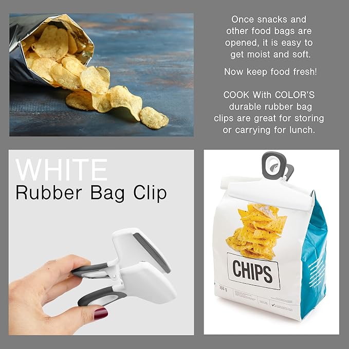 COOK WITH COLOR Bag Clips - Wide Heavy Duty, Large for Food Storage with Airtight Seal Grip, Pack of 8, White