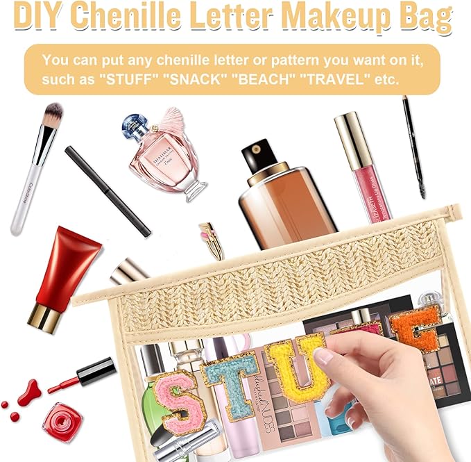 2 Pcs Boho Clear Makeup Bag Cosmetic Zipper Pouch Purse, Clear Toiletry Bags Travel Small Preppy Cute Chenille Letter Bag, Transparent Waterproof Clutch Make Up Organizer Storage Bag for Women Girls