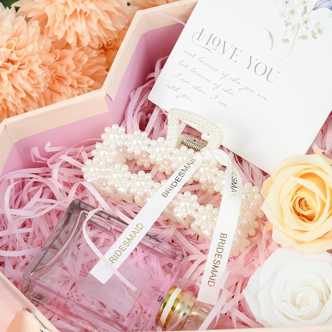 DEEKA Bridesmaid Proposal Gifts 8 Pack Pearl Bridesmaid Hair Claw Clips with Ribbon 3.7 Inch Large Hair Clips Bachelorette Party Favors Bridal Party Present Hair Accessories (Rectangle L)