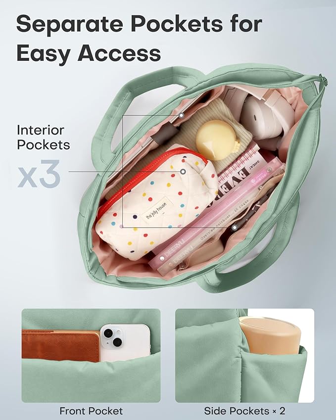 HOTOR Puffer Tote Bag for Women, Nurses - Multi-Pocket Lightweight Bag for Work - Quilted Handbag for Travel and Gym