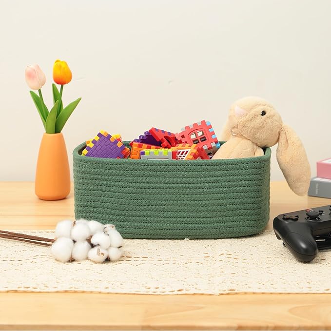 MiniArk Small Storage Baskets for Organizing | Closet Organizer Bins | Shelf Toy Basket | Woven Rope Baskets | Cube Decorative Box | Shallow Basket | 11.5x7.5x4.7” | 3 Packs Green