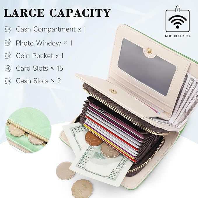 Women RFID Blocking Small Bifold Wallet, Compact Cash Clutch with Zipper Coin Pocket, Glittery Butterfly Design, Credit Card Holder, Travel Purse with Tassel PEPPERMINT-GREEN