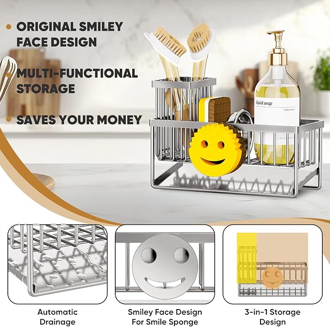 Sponge Holder for Kitchen Sink, Smiley Face Sink Caddy with Removable Brush Holder, Self-Draining Sponge Caddy for Soap, Dish Brush, Scrubber, Kitchen Essentials and Gadgets - Silver