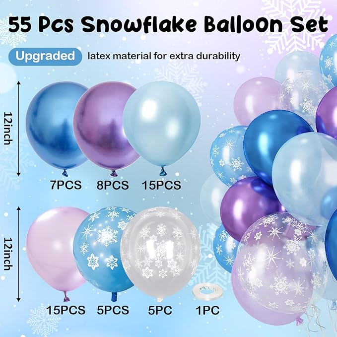 Blue Purple Snowflake Balloons, Pearl Light Blue Purple Metallic Clear Latex Balloons for Girls Princess Snow Winter Wonderland Christmas Baby It's Cold Outside Baby Shower Birthday Party Decorations
