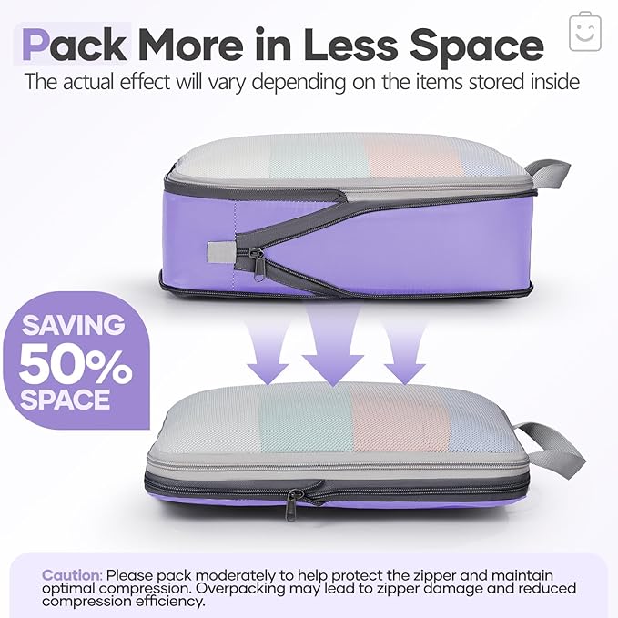 Veken 9/11 Set Compression Packing Cubes for Travel Essentials,Compressible Expandable Large Luggage Suitcase Organizer Bags for Clothing,Durable Space Saver Storage Bags(Light Purple)