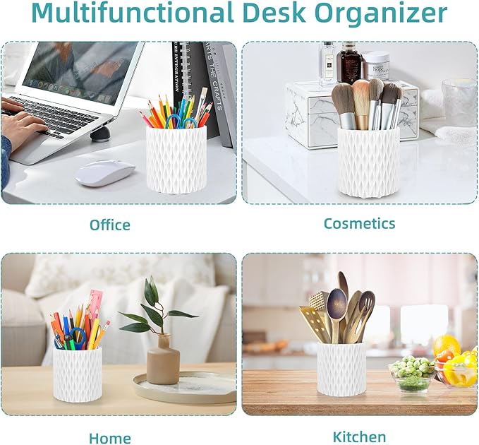 White Pen Holder for Desk, 360 Degree Rotating Desk Organizer with 5 Compartments, Pen Pencil Makeup Brush Holder, Cosmetics Lipsticks Pen Organizer for Home Office School