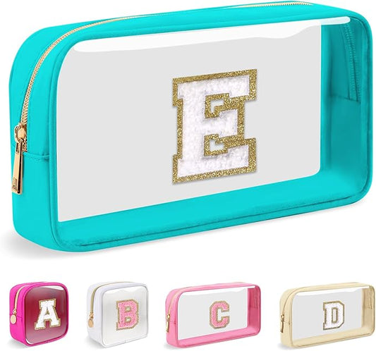 Small Clear Personalized Initial Makeup Bag,Nylon Preppy A-Z Chenille Letter Patch Cosmetic Pouch Beach Toiletry Bag,Waterproof Zipper Travel Purse Storage Bag Organizer for Women Girls(Cyan-White E)