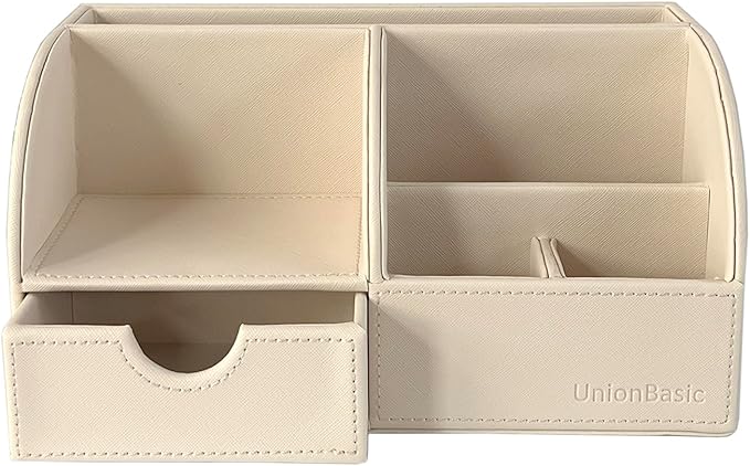 UnionBasic Desk Organizer - Multifunctional Leather Desktop Pen Holder Storage Box - Business Card/Pen/Pencil/Mobile Phone/Stationery Holder, Beige Revised