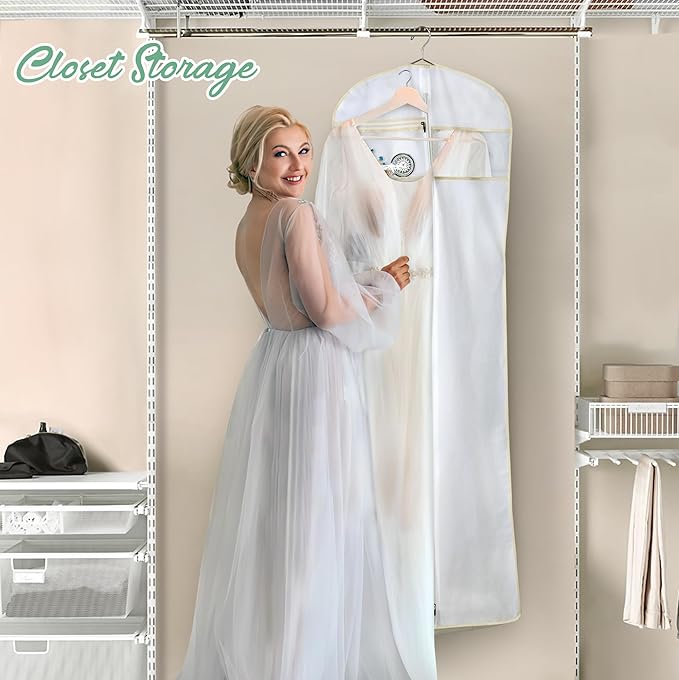 MISSLO 65" Bridal Wedding Gown Dress Garment Bag with Accessories Pouch Large Travel Garment Cover 8" Gusset (White)