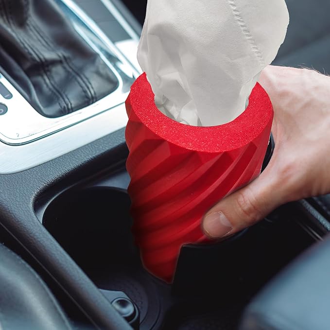 Car Tissue Holder, Refillable Round Cylinder with 3 Tissue Packs, Universal Fit for Vehicle Cup Holder, Home & Office, Car Accessories Interior (Red)