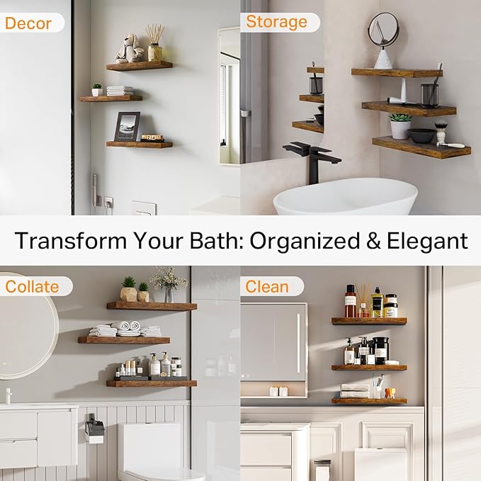 BAYKA Floating Shelves Bathroom for Wall – Shelf Over Toilet Farmhouse Rustic Wood for Bedroom, Kitchen, or Living Room Decor Organization Display Shelving – Rustic Brown, Set of 3