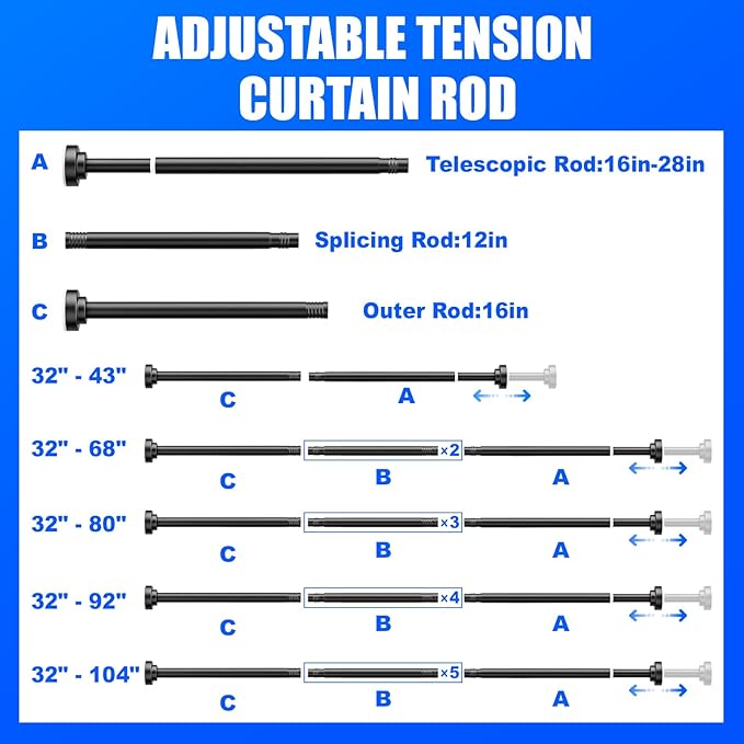 Ausemku Shower Curtain Rod - 32-92 Inch Rustproof Tension Rod, Non-Slip Spring Design, No Drilling Adjustable Curtain Rod for Bathroom, Kitchen, and Closet (Black)