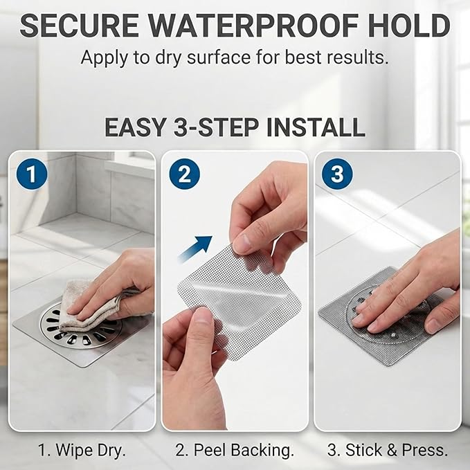 100 Pack Square Disposable Shower Drain Hair Catcher Stickers - Waterproof Drain Covers for Bathroom Floor, Sink & Bathtub, Easy-Peel Drain Hair Trap for Clog Prevention & Hygiene