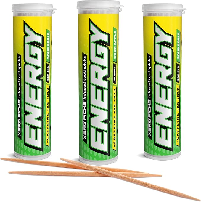 Xero Picks Energy Caffeine Flavored Toothpicks B12 for Focus & B6, 60 Picks (Pack of 3) (Sour Apple) Sugar-Free Alternative to Energy Mints & Gum - Kosher