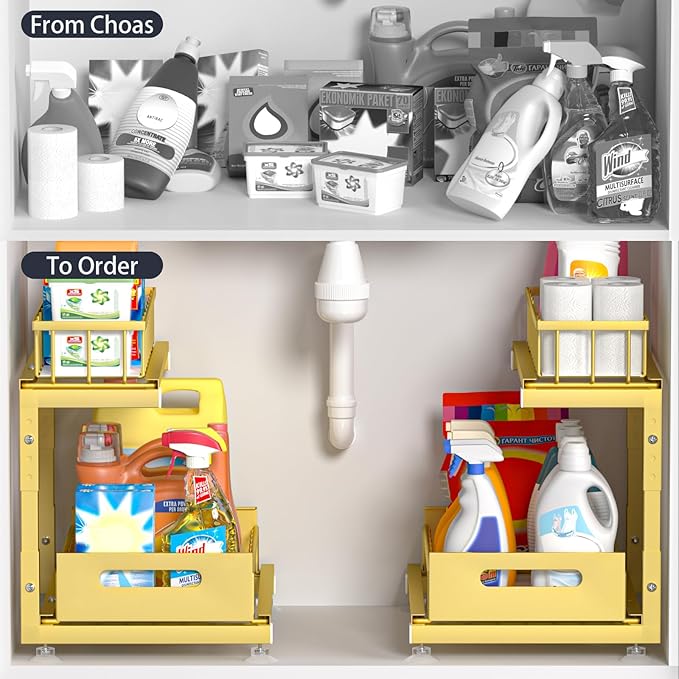 Saydear Under Sink Organizer, 2-Tier Premium Metal Pull-Out Racks with Adjustable Height, Heavy Duty Sliding Bin for Bathroom and Kitchen Cabinet Storage, Rust Resistant 1 Pack