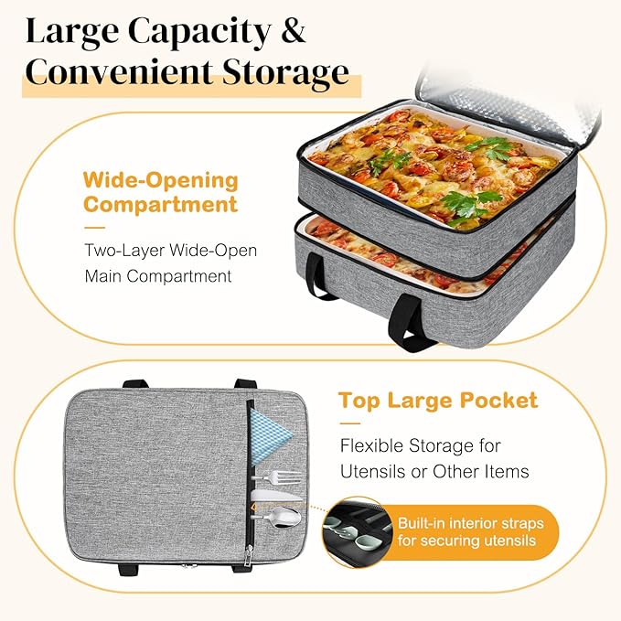 Coobiiya Double Decker Insulated Casserole Carrier – Portable Tote for Hot or Cold Food, Warmer & Cooler Bag Lunch Bag, Fits 9" x 13" Baking Dish, Ideal for Potluck Parties