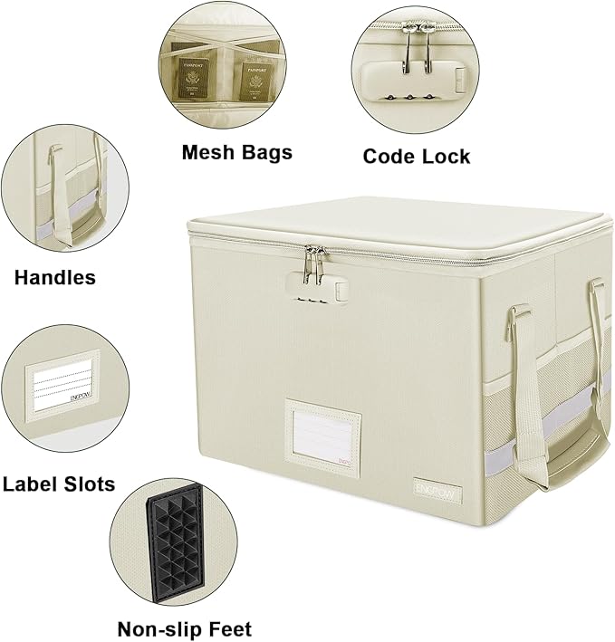 ENGPOW File Box with Lock, Fireproof Document Box with Zipper Lid, Collapsible File Storage Organizer Filing Cabinet with Handles, Portable Home Office Safe for Hanging Letter/Legal Folders, Beige, 2 Pack