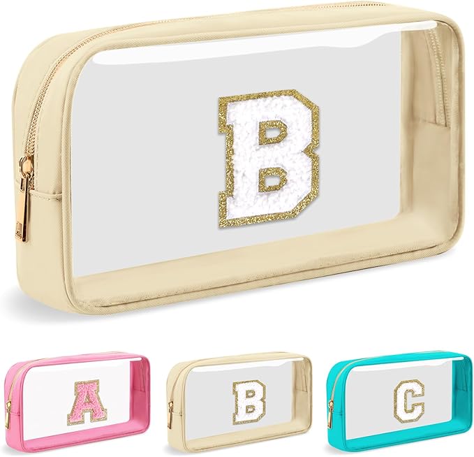 Personalized Initial Letter Clear Makeup Bag, Preppy Small Nylon & PVC Cosmetic Zipper Bag with Chenille Letter, Portable Beach Travel Skincare Toiletry Bag, Trendy Monogram Gift for Teen Girls Women, B