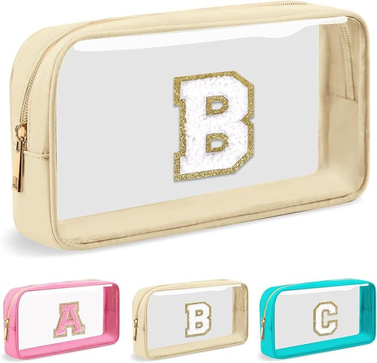 Personalized Initial Letter Clear Makeup Bag, Preppy Small Nylon & PVC Cosmetic Zipper Bag with Chenille Letter, Portable Beach Travel Skincare Toiletry Bag, Trendy Monogram Gift for Teen Girls Women, B