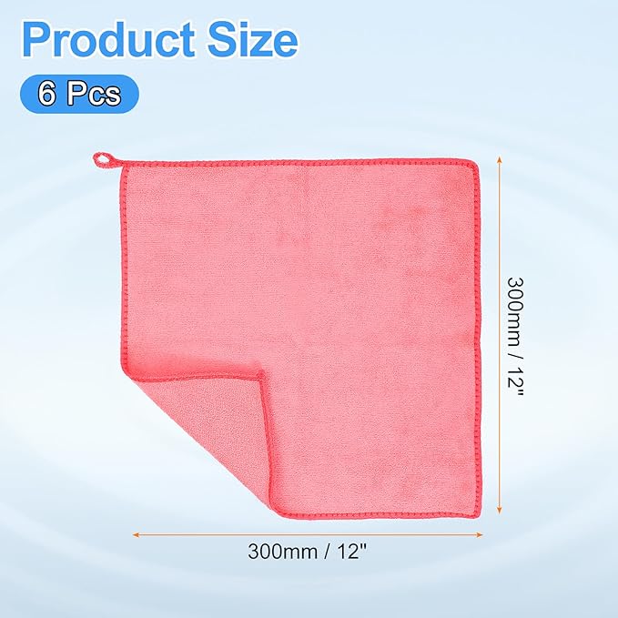 HARFINGTON 6 Pack Microfiber Cleaning Cloth, 12" x 12" Multi-Functional Cleaning Towels Reusable Absorbent Rags with Hook for Car Wash Kitchen Household Window Clean, Rose Red