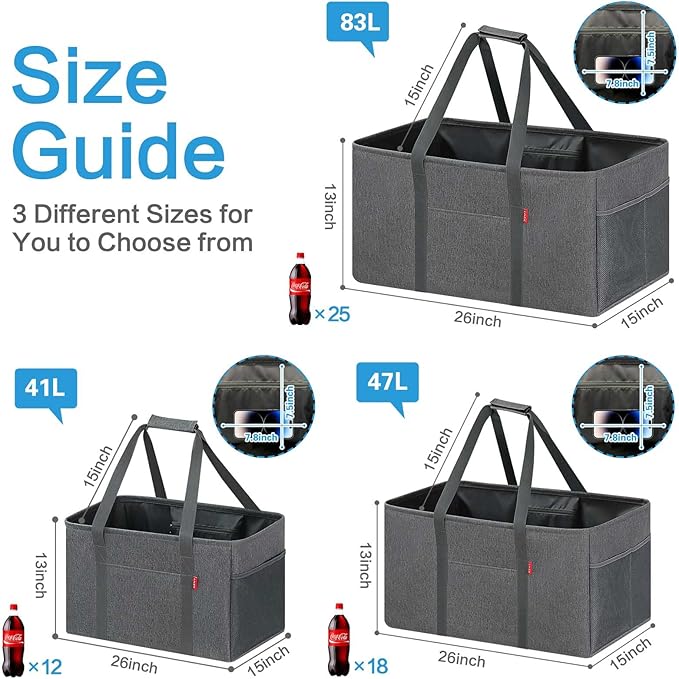 LHZK 2 Pack Utility Tote Bag with Metal Wire Frame and the Sides Rinforced, Large Tote Bag with Handle, Reusable Grocery Bags Foldable, Beach Bag, Car Tote (Grey, 18.5''x11.8''x11.5'')
