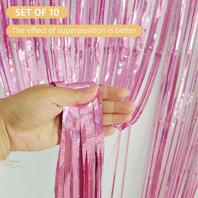 10 Pack Pink Backdrop Curtain 3.2ft x 8.2ft Metallic Tinsel Foil Fringe Curtains Photo Booth Background for Birthday Party Decoration Baby Shower Engagement Wedding Christmas Decoration