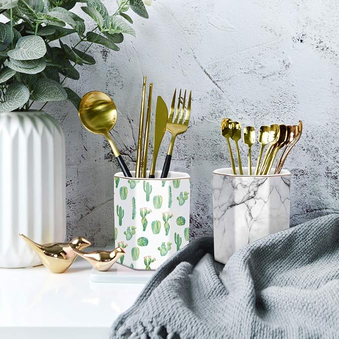 WAVEYU Pen Holder, Stand for Desk Pencil Cup for Girls Kids Durable Ceramic Desk Organizer Makeup Brush Holder for Office, Classroom, Home, White Marble