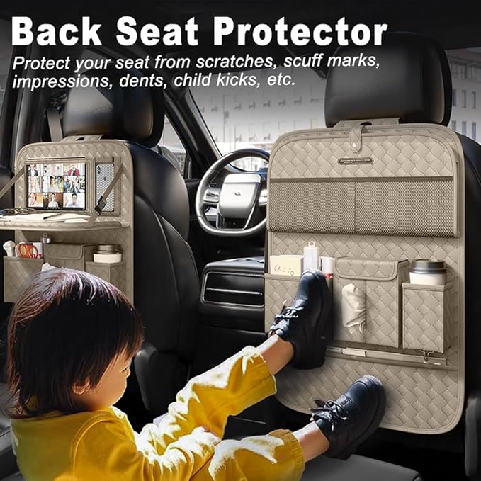 XDV Car Seat Organizers, Multi-functional Back Seat Protectors, Storage Pouches, and Tray Holders (for Cars, Kids, Seat Back and Rear Seats) (Woven Beige, 2 Pcs)