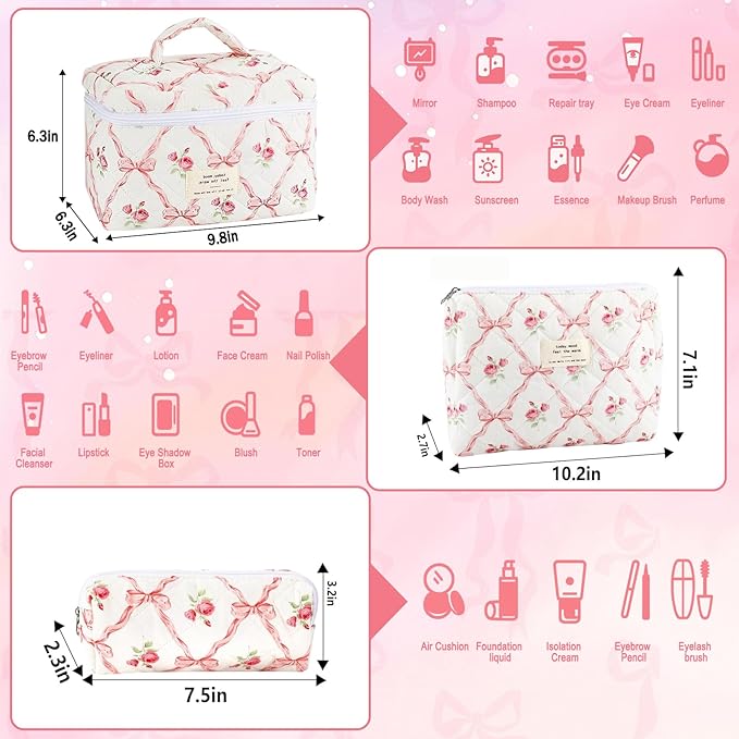 3Pcs Makeup Bag Quilted Cosmetic Bag Set Bow Travel Large Makeup Pouch for Women Cute Portable Cotton Toiletry Bag Skincare Organizer Coquette Vintage Travel Essential