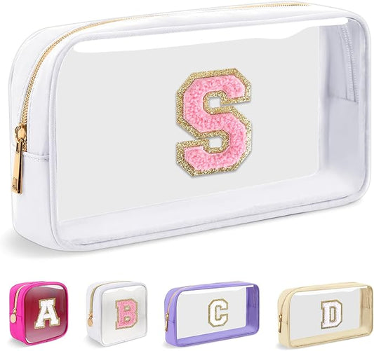 Small Clear Personalized Initial Makeup Bag,Nylon Preppy A-Z Chenille Letter Patch Cosmetic Pouch Beach Toiletry Bag,Waterproof Zipper Travel Purse Storage Bag Organizer for Women Girls(White-Pink S)