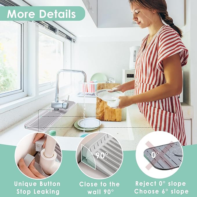 24 Inch Silicone Faucet Mat for Kitchen Sink Splash Guard - 7° Slope Water Draining Mat With Fasten Button for Bathroom Area (Gray, 24''x5.5'')