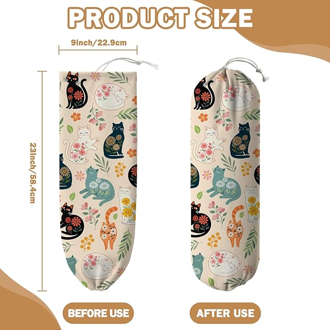 Plastic Bag Holder, Grocery Bag Organizer Storage, Kitchen Dispenser Holders Reusable Shopping with Adjustment Drawstring Closure for Kitchen Farmhouse Decor, Colorful Cat