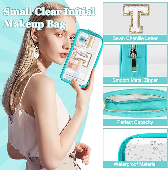 Small Clear Personalized Initial Makeup Bag, Preppy Nylon A-Z Chenille Letter Patch Makeup Organizer TSA Approved Travel Toiletry Bag,Waterproof Zip Beach Cosmetic Pouch Purse for Women(Cyan-White T)